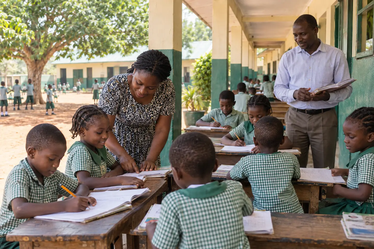 Primary pupils and their teacher