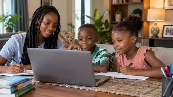 Nigerian children learning at home together using a laptop and notebooks